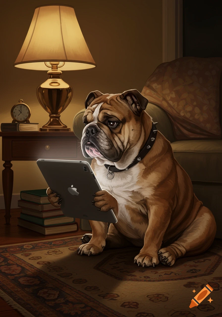 A digital illustration of a bulldog sitting on a rug, holding and looking at an iPad in a dimly lit room with a lamp and books.