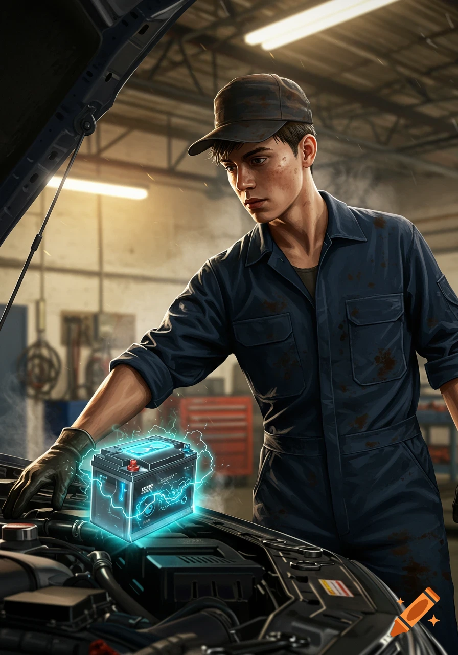 An anime-style young male mechanic wearing a cap and dark uniform works on a car engine in a garage, looking at a glowing car battery.