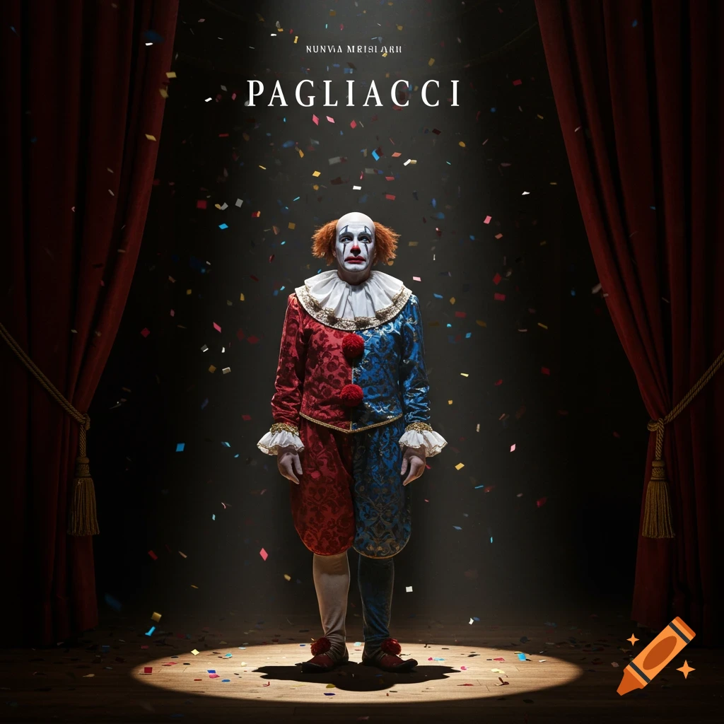 A solemn clown in a red and blue ornate costume stands in a spotlight on a dark stage with red curtains and falling confetti. Text "PAGLIACCI" is above.