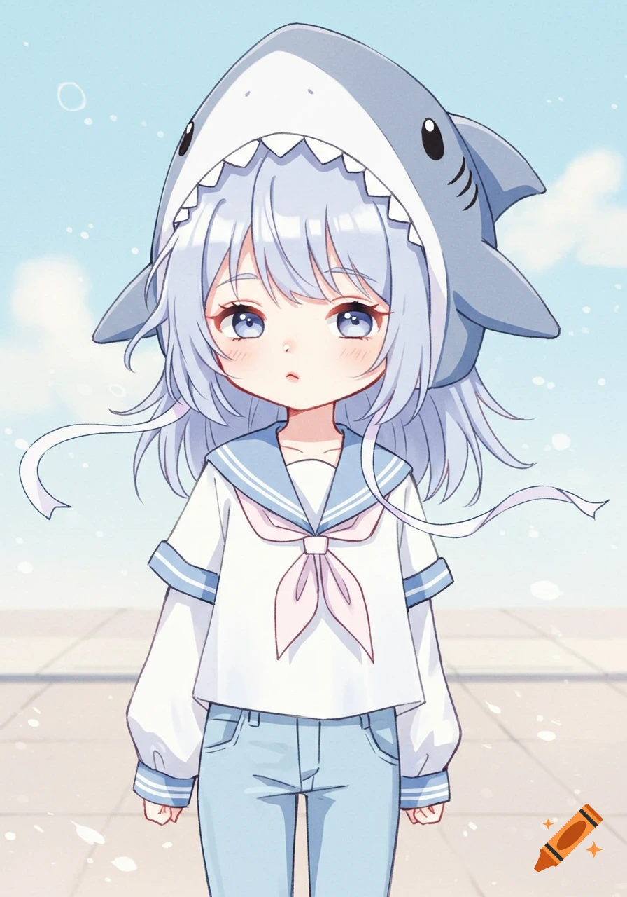 Anime girl in a shark hat, white sailor top with blue trim and pink bow, light blue jeans, standing under a bright sky.