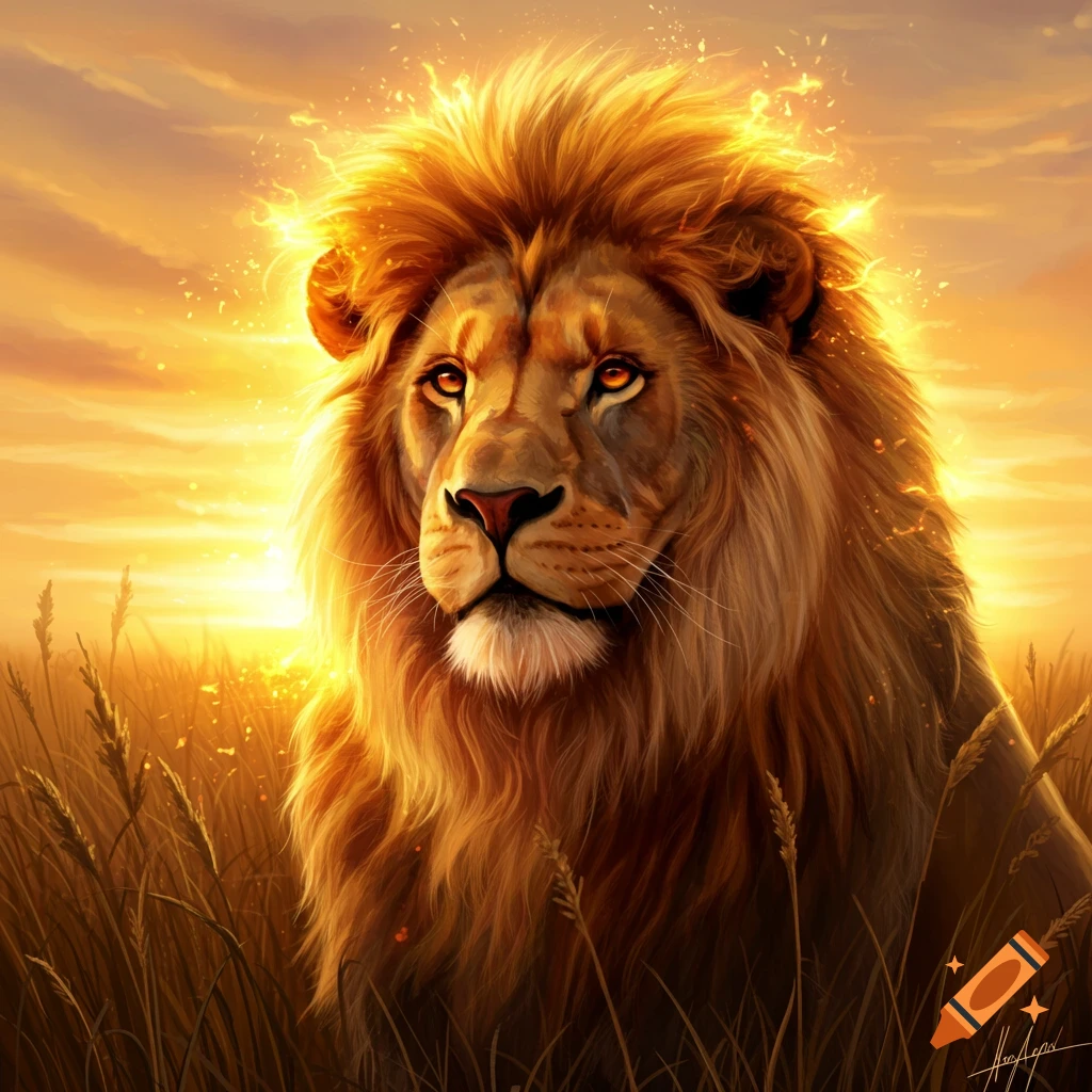 A majestic lion with a fiery, glowing mane sits in a golden field at sunset in a digital art style.