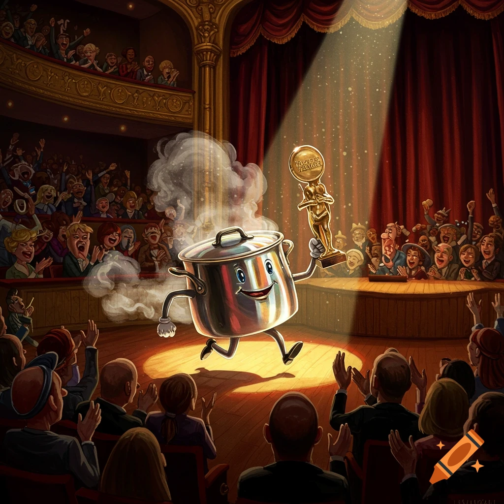 A smiling anthropomorphic cooking pot, steaming, holds a golden trophy on a spotlighted stage to a cheering, applauding audience in a theater.