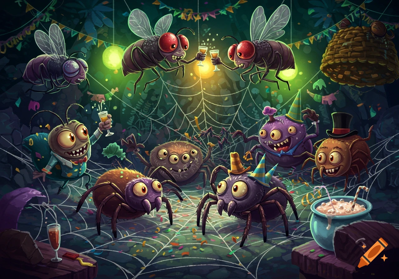 Cartoon spiders and flies celebrate a party on a glowing spider web with drinks and confetti in a vibrant illustration style.