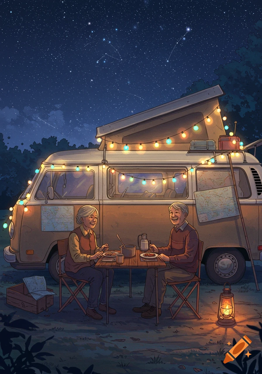 An illustration of an old couple dining at a table in front of a camper van adorned with fairy lights at night under a starry sky.