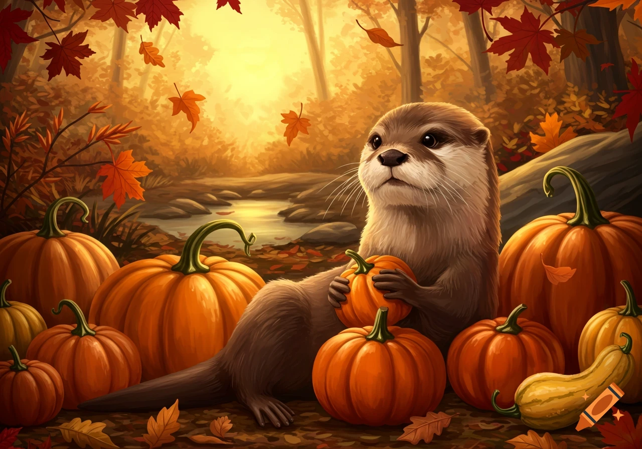 An adorable otter sits among orange pumpkins and fallen autumn leaves by a stream in a warm, illustrated forest setting.