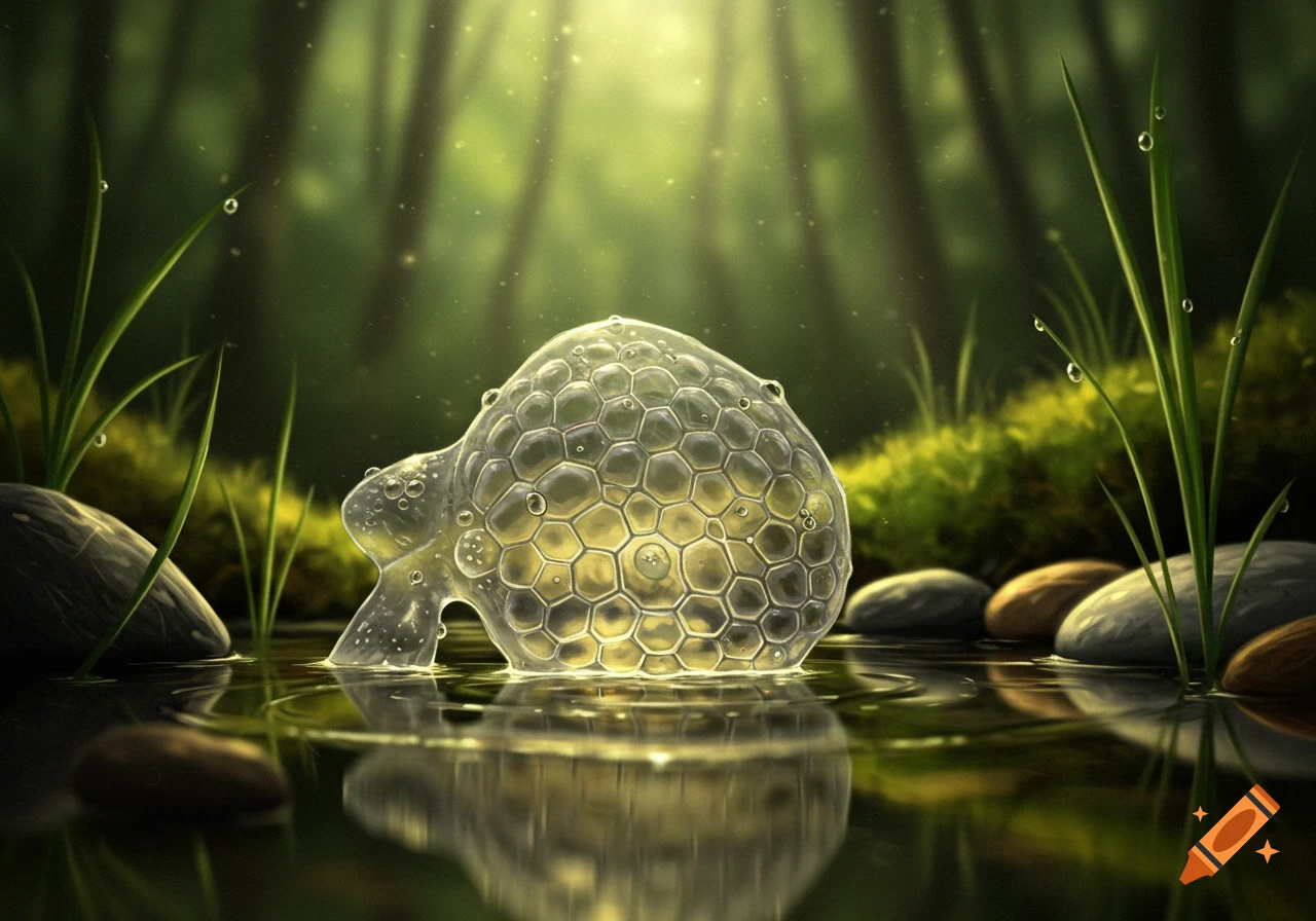 A glowing, translucent, honeycomb-textured organism or cell emerges from shallow water in a forest, with green grass and trees in the background.