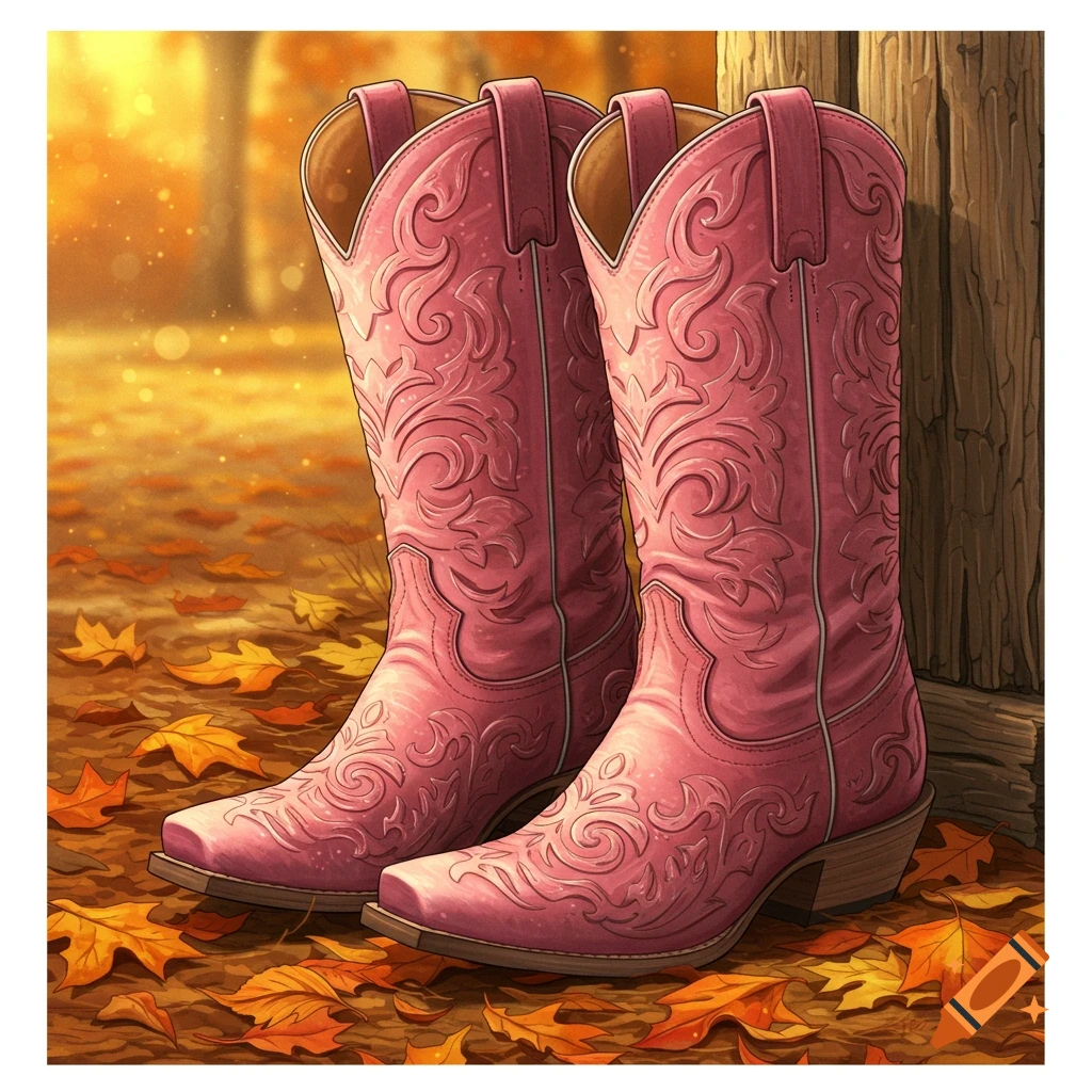 Pair of pink cowboy boots with intricate scrolling patterns standing in a bed of fallen autumn leaves with a blurred forest background.