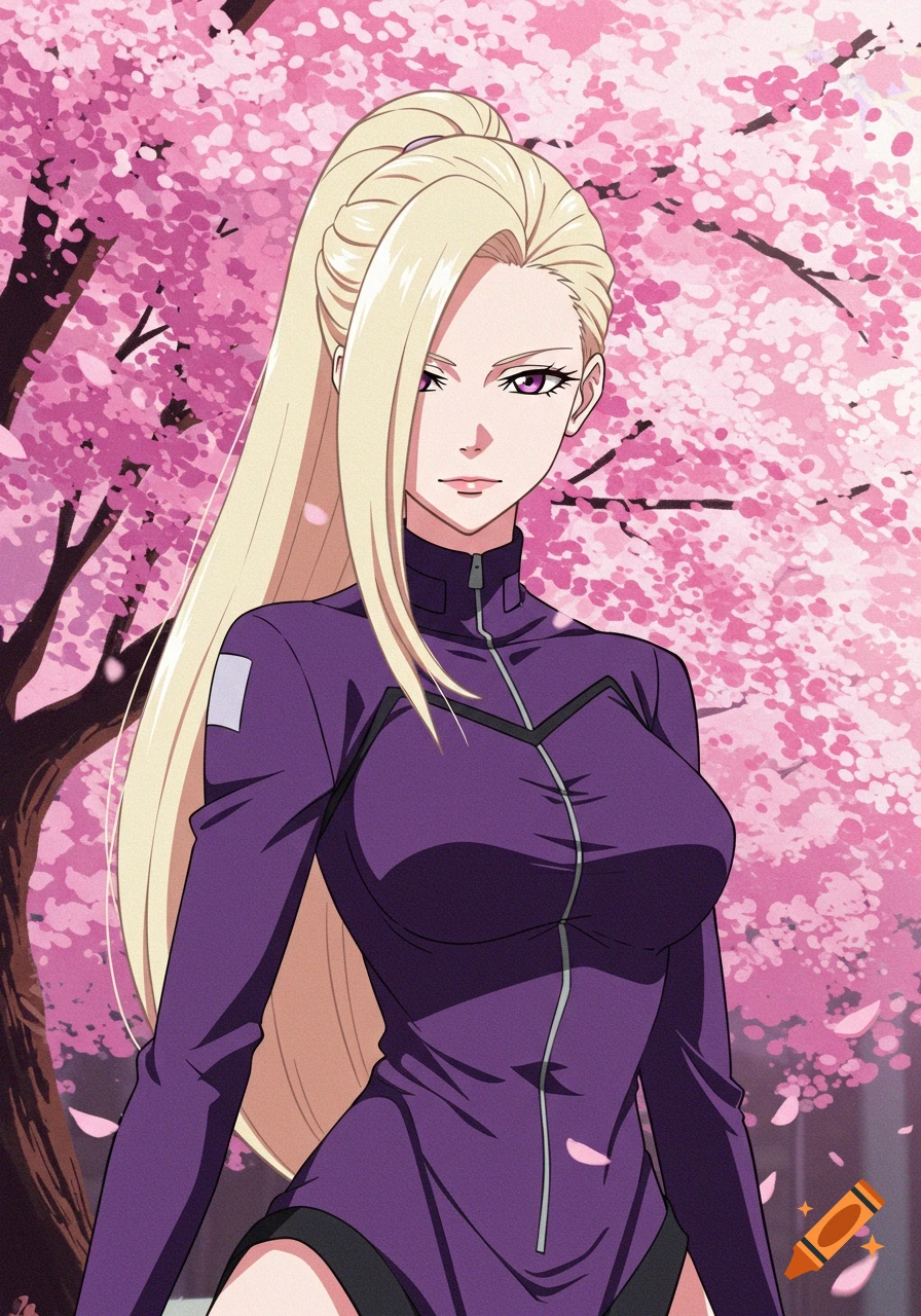 Anime woman with platinum blonde hair in a high ponytail wearing a purple tracksuit, standing in front of pink cherry blossoms.