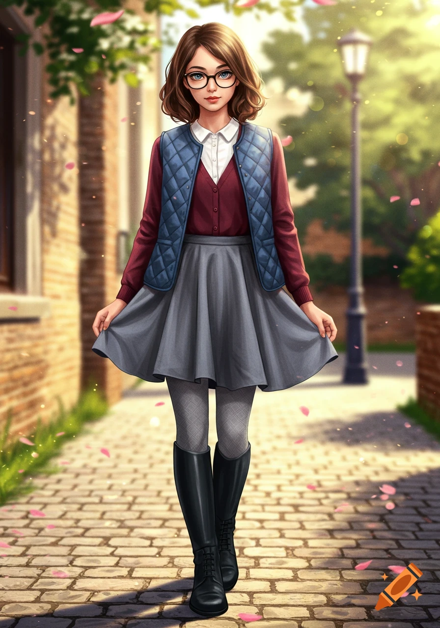 Anime-style young woman with glasses, brown hair, red cardigan, blue vest, gray skirt, and black boots walking on a cobblestone path.
