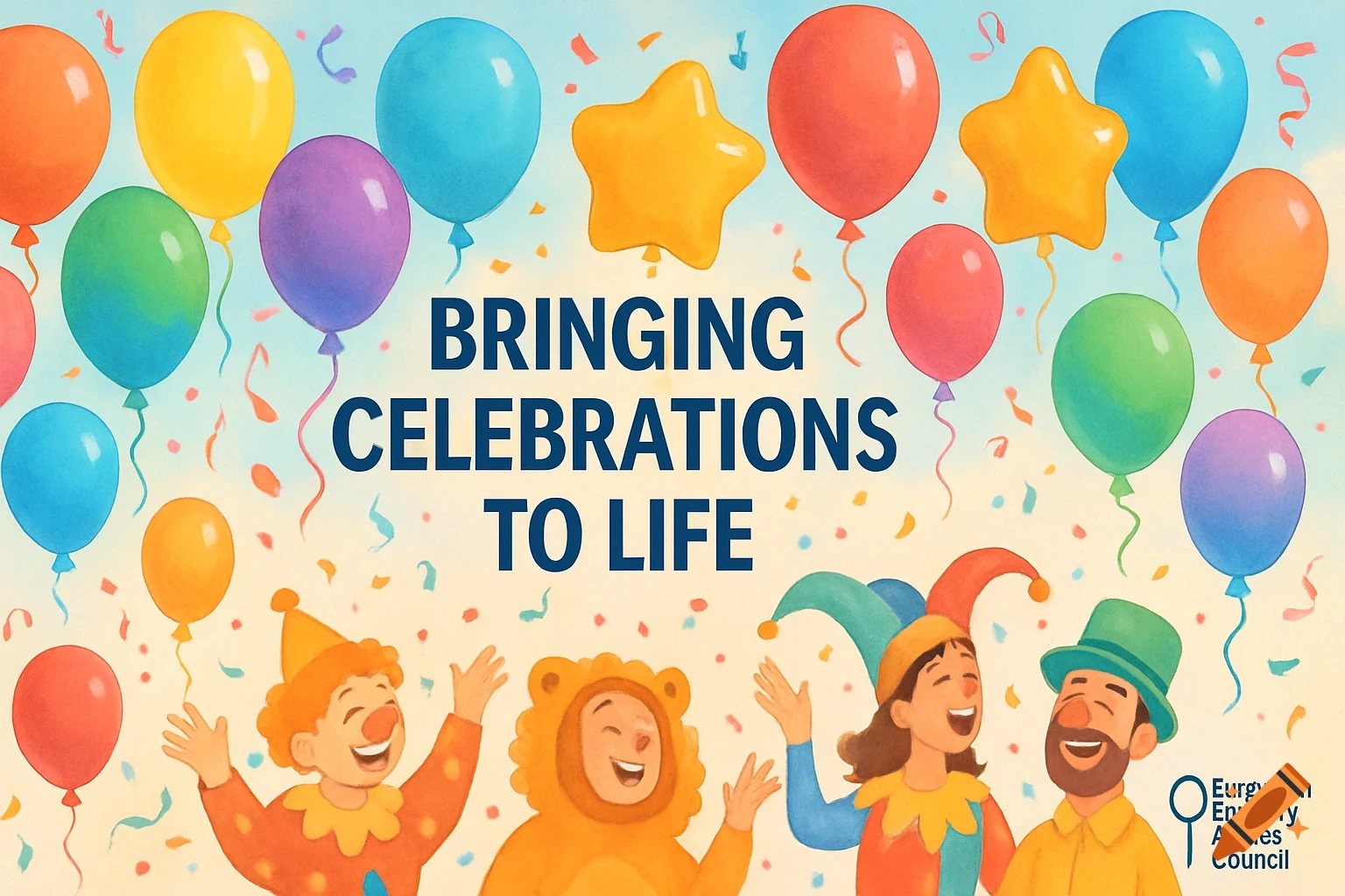Colorful cartoon illustration of balloons, confetti, and four people in festive costumes celebrating, with the text 'BRINGING CELEBRATIONS TO LIFE'.