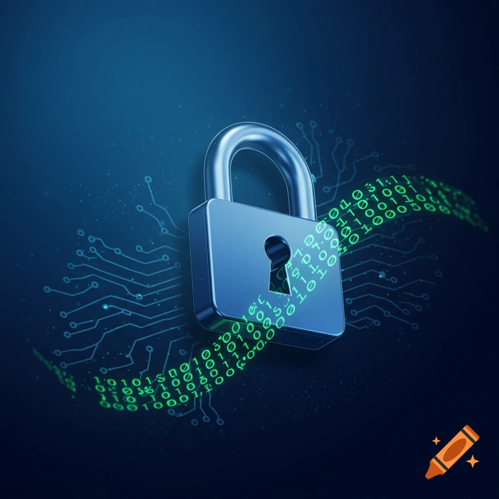A stylized metallic padlock with a keyhole, surrounded by glowing green binary code and circuit patterns on a dark blue background.