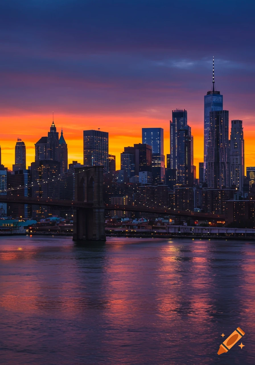 Photorealistic New York City skyline with illuminated skyscrapers and Brooklyn Bridge at a vibrant orange and purple sunset.