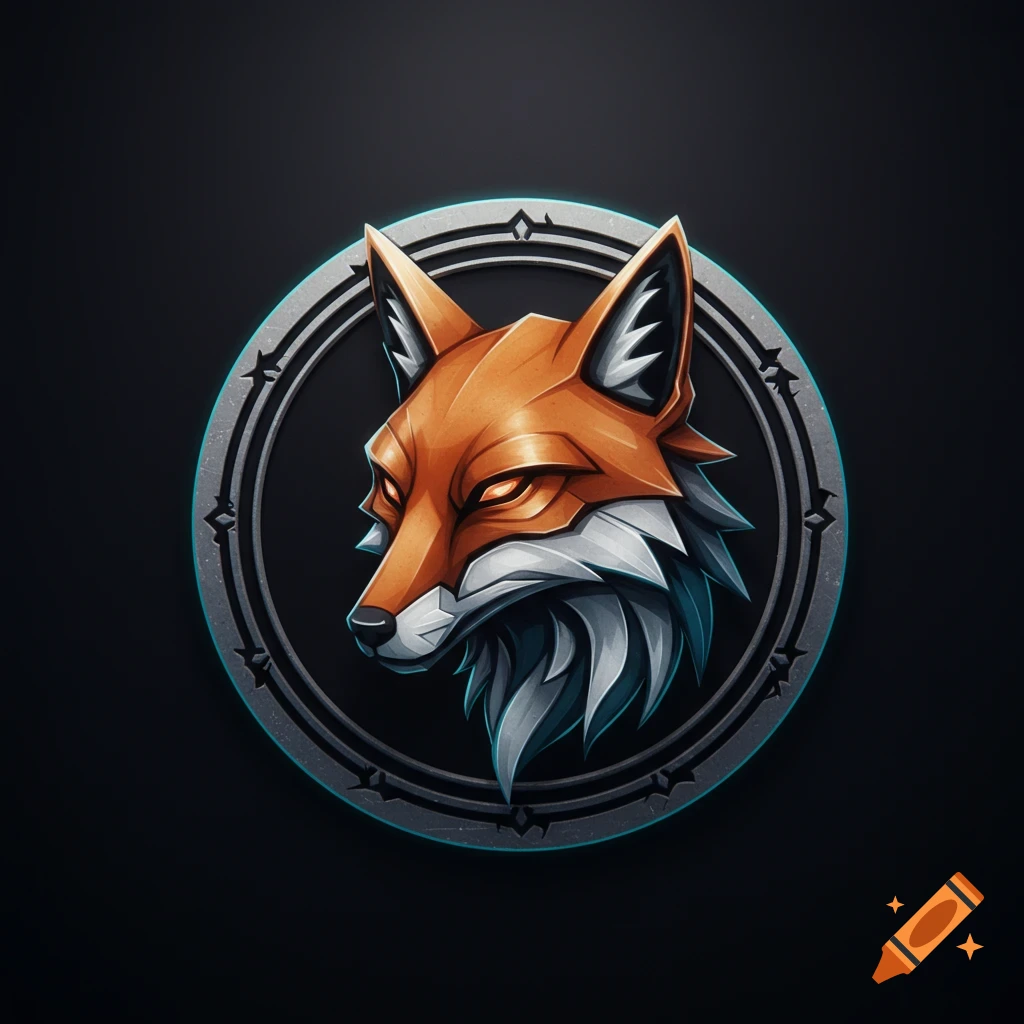 Stylized orange and white fox head with glowing eyes in a dark grey ornate circular emblem.