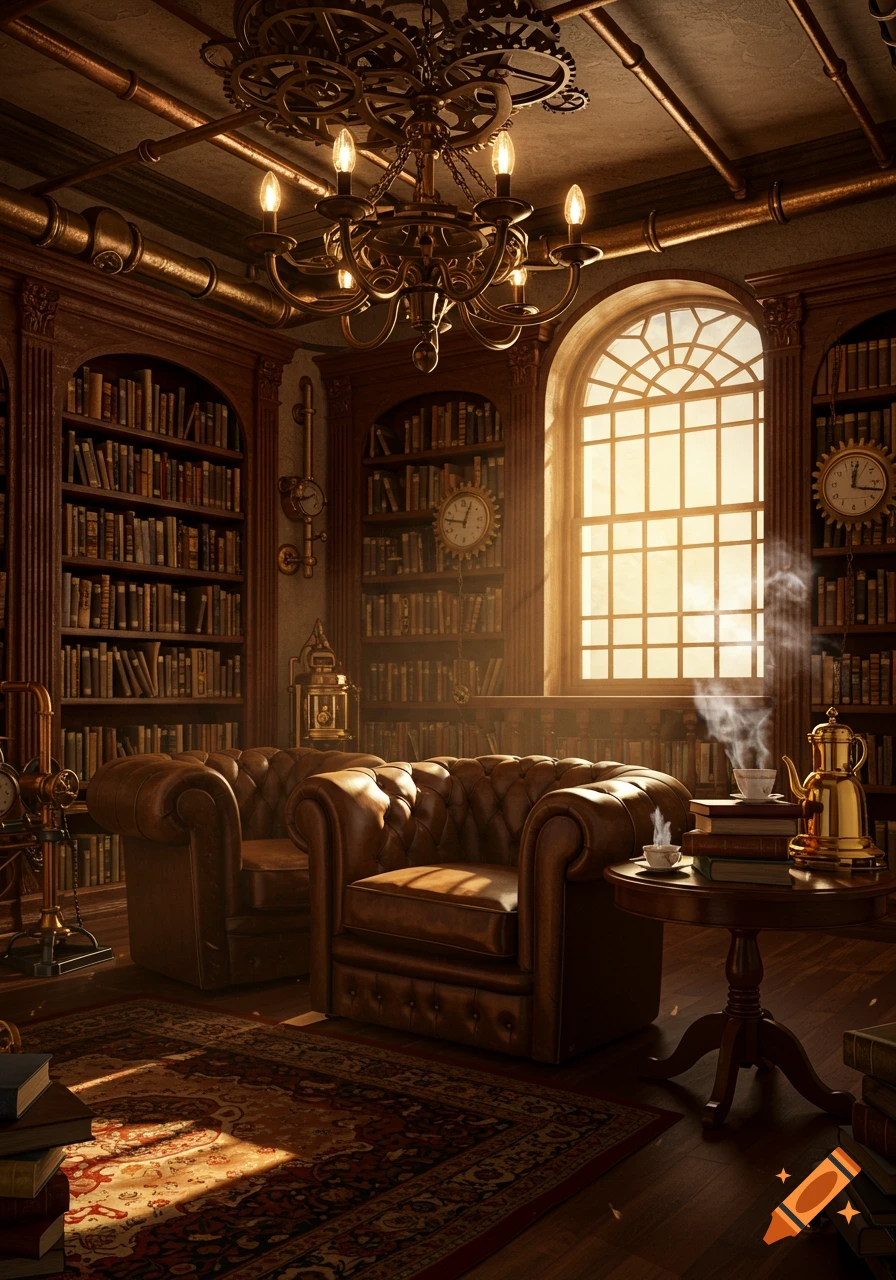 A cozy steampunk library with leather armchairs, bookshelves, a gear chandelier, brass pipes, and a sunlit arched window.