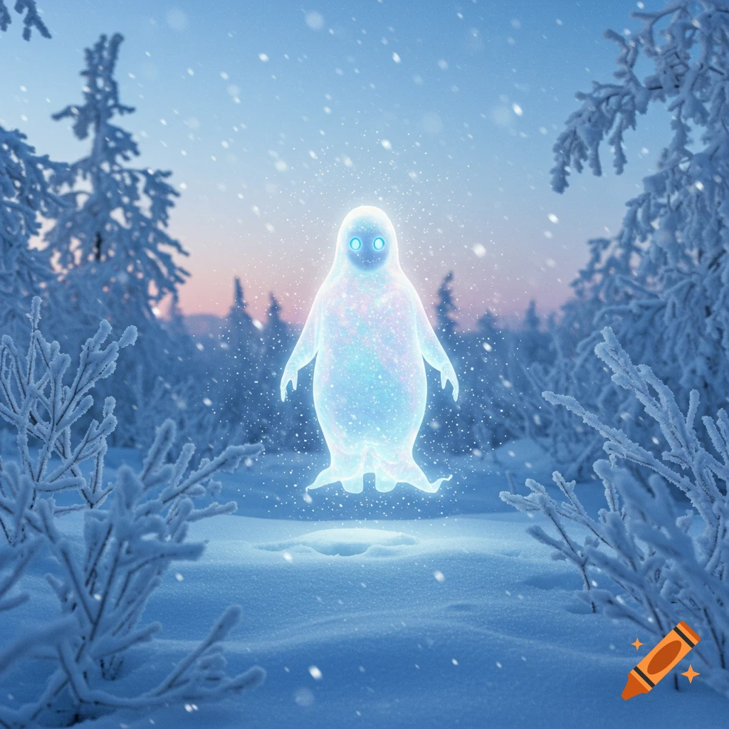 A glowing, ethereal spirit with blue eyes floats in a snowy forest at twilight with falling snow.