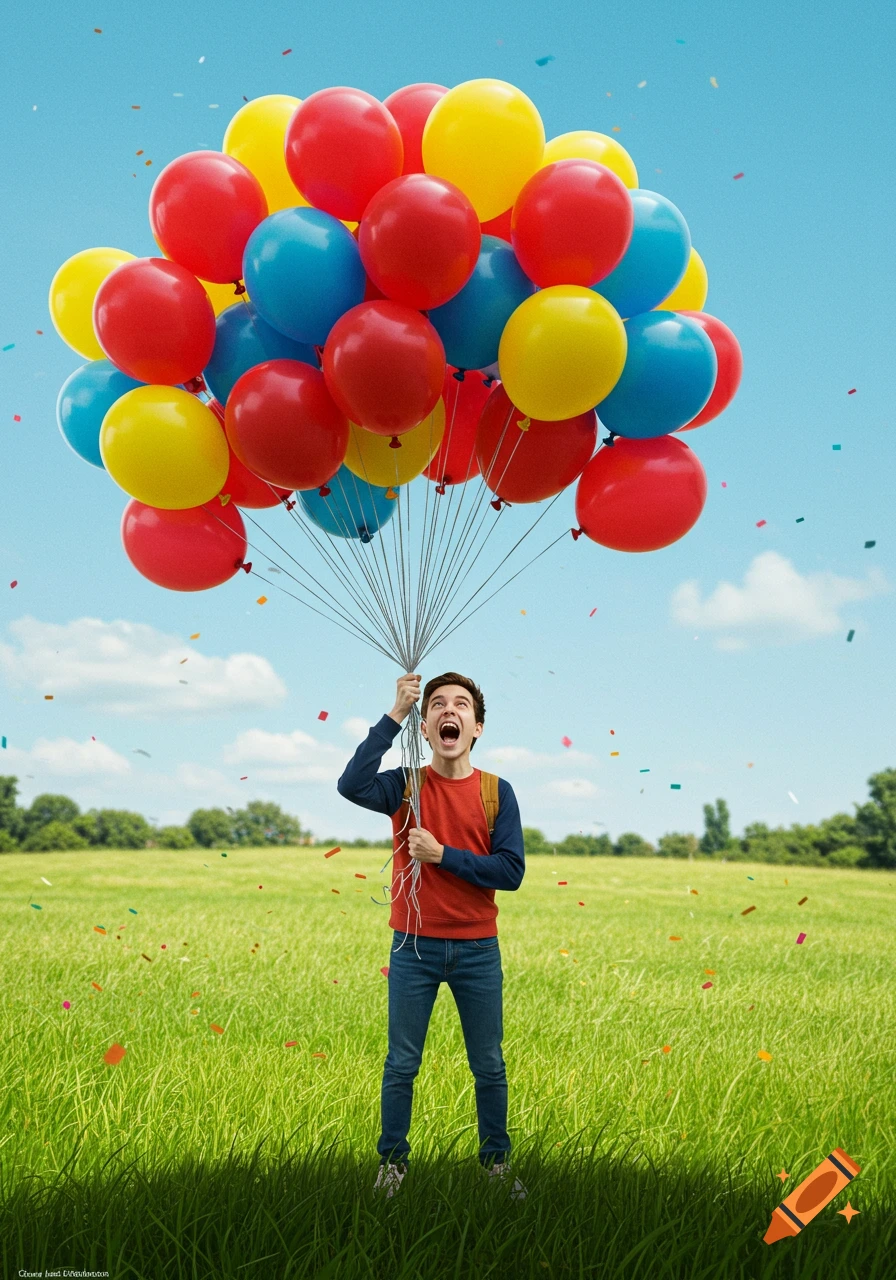 A young man with a backpack holds a large bunch of red, yellow, and blue balloons in a green field, screaming excitedly as confetti falls around him.