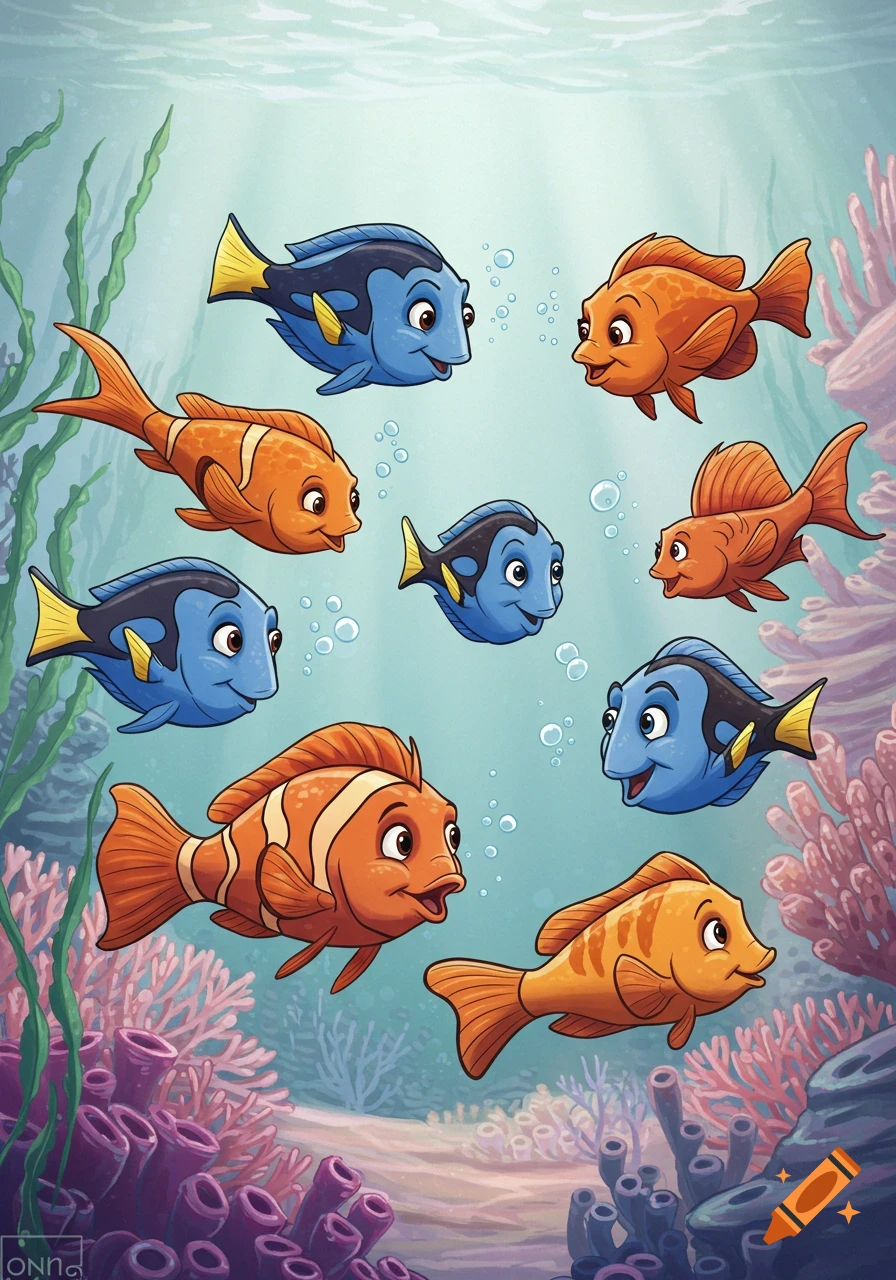 Cartoon tropical fish, including blue tangs and clownfish, swim cheerfully among colorful coral and seaweed in a vibrant underwater scene.