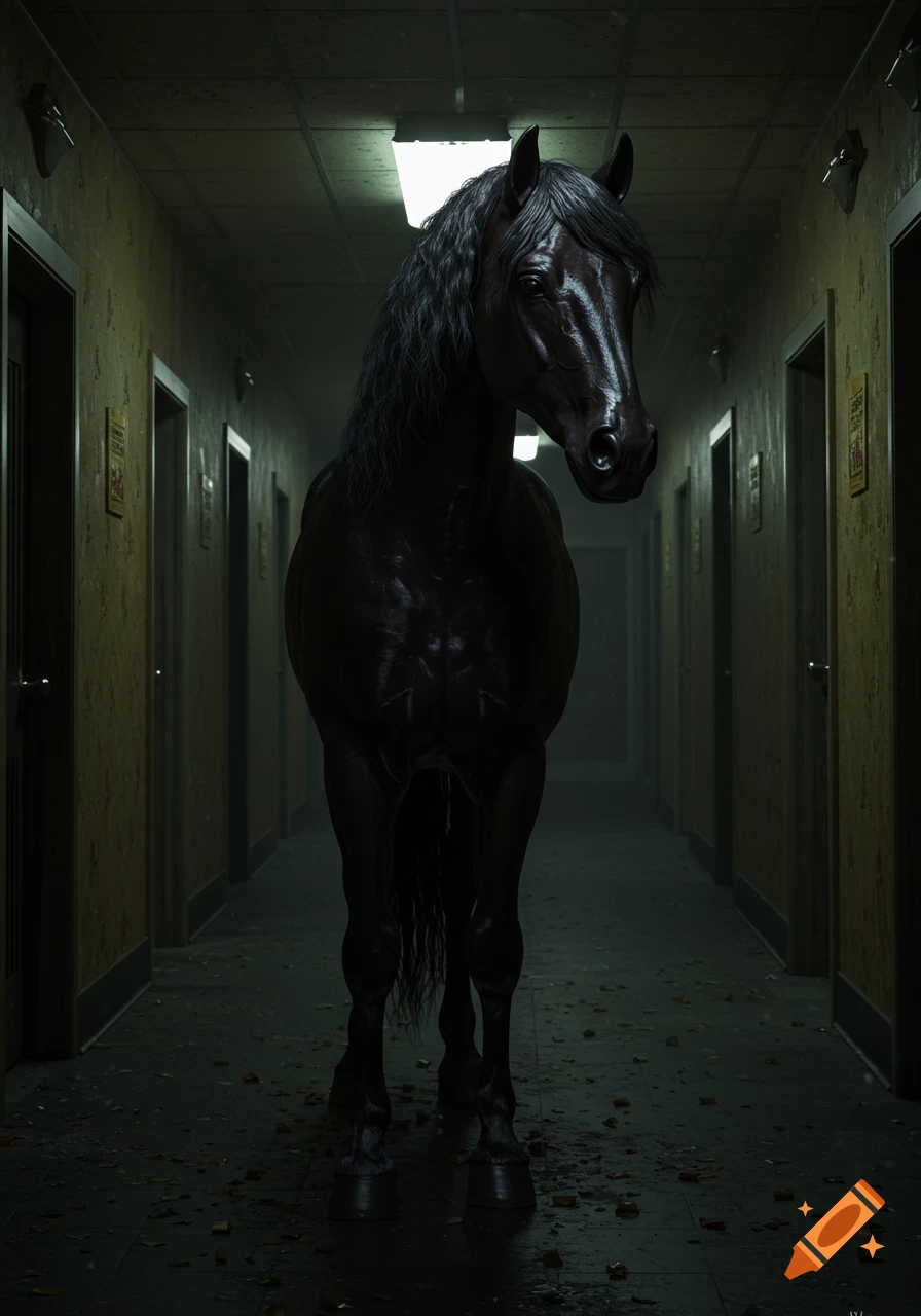 A hyperrealistic black horse stands prominently in the center of a dark, eerie hotel-like hallway.