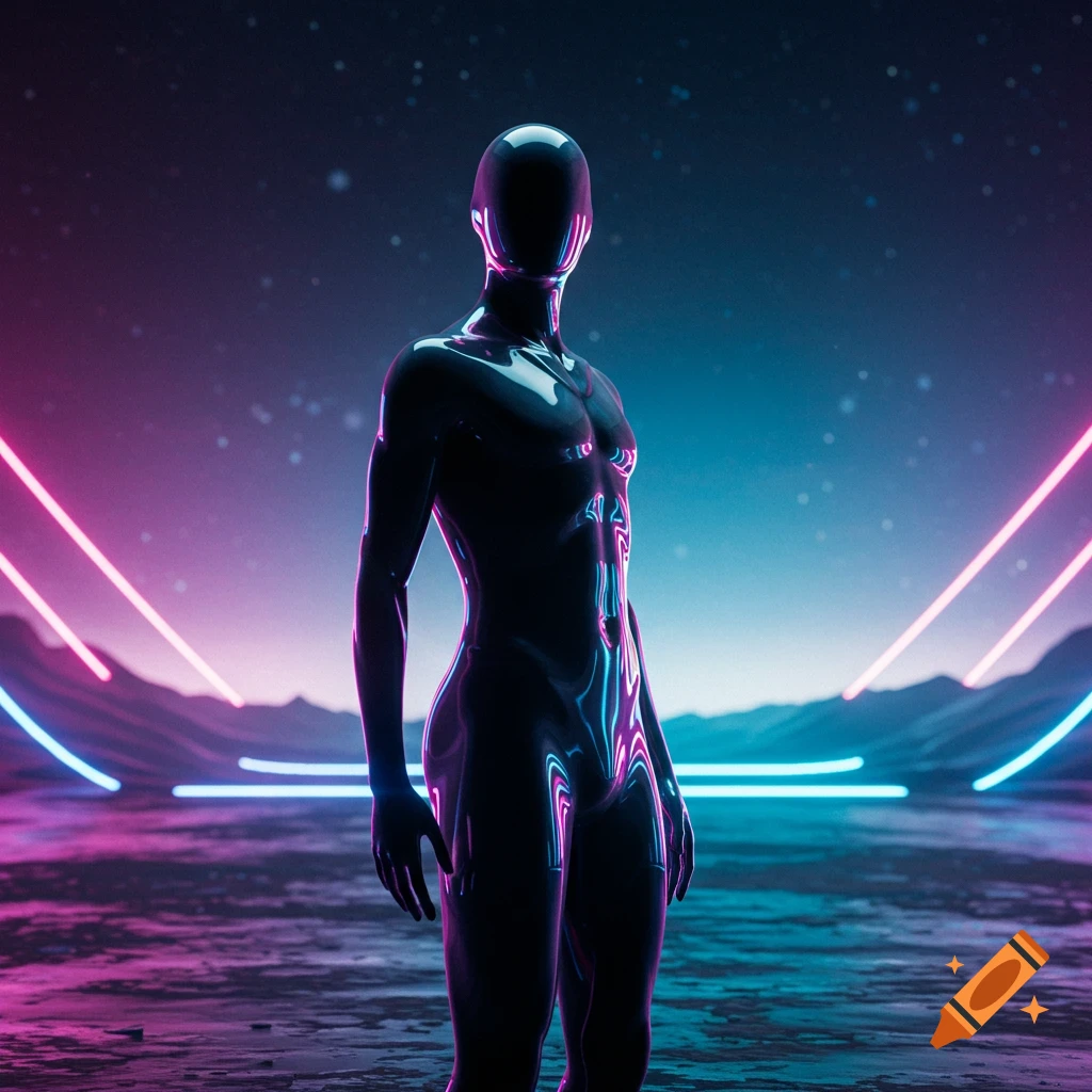 A glossy, black humanoid figure stands in a neon-lit, futuristic landscape under a starry sky.