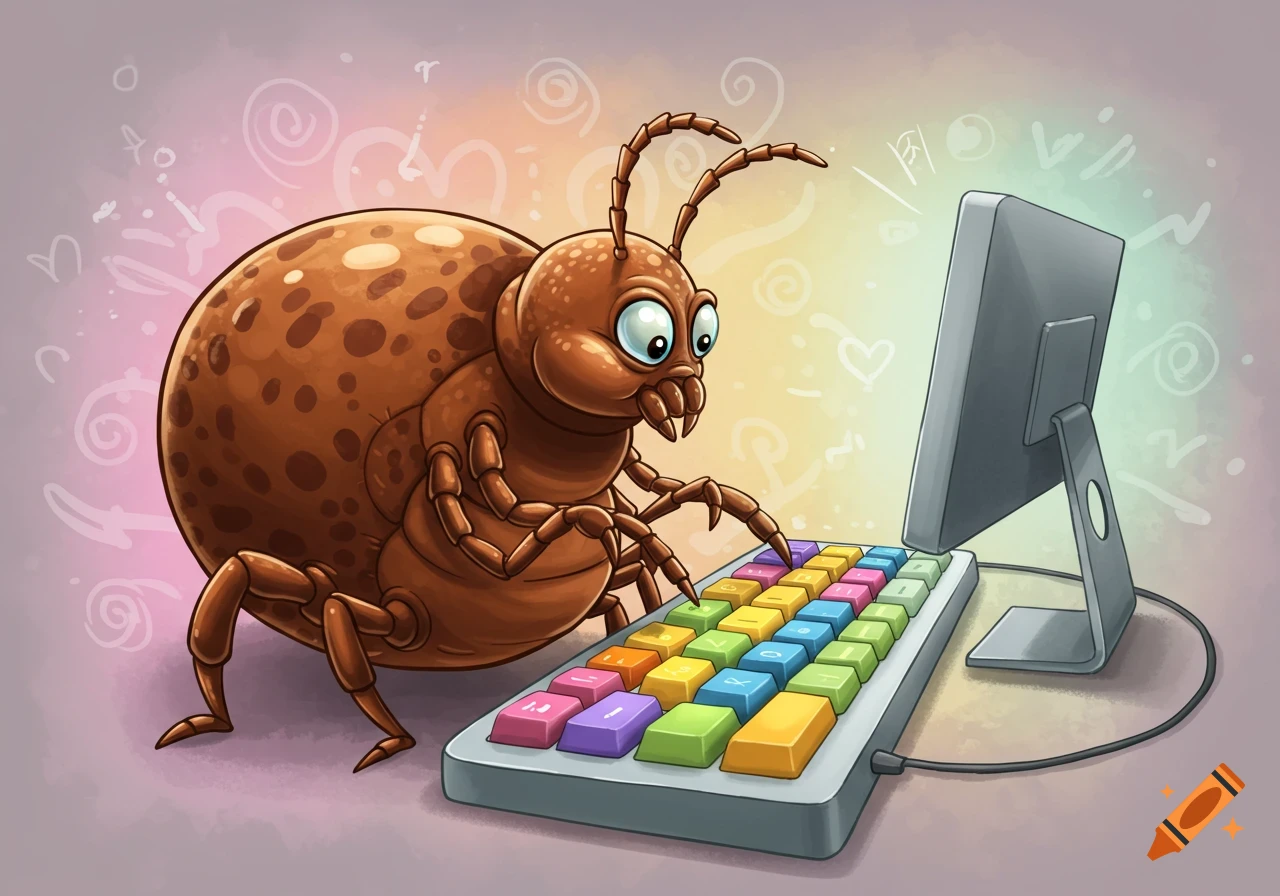 A cartoon tick with large eyes and a spotted back types on a colorful computer keyboard.