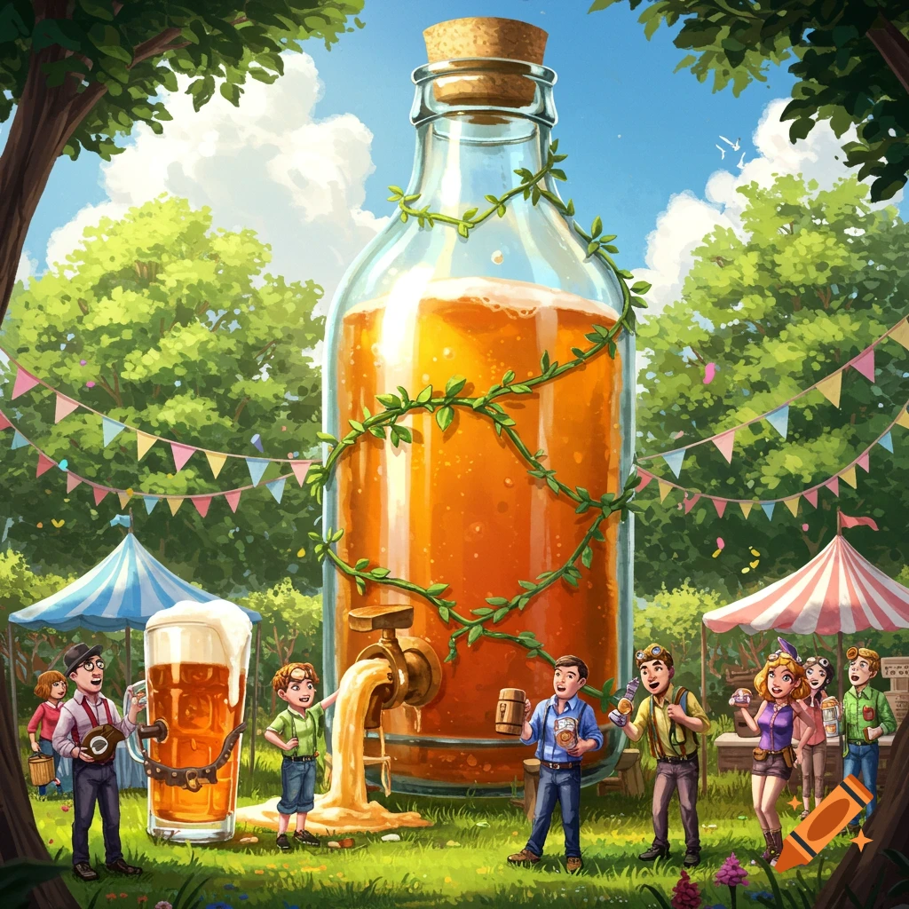 A whimsical illustration of a giant glass bottle keg, draped in vines, pouring golden liquid for people at a lively outdoor festival.