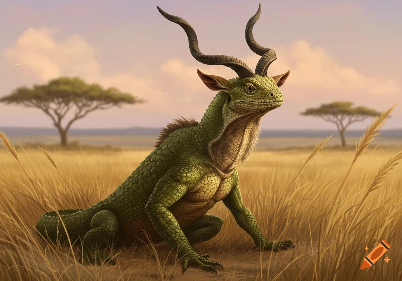 A green, scaly lizard-like creature with spiraled kudu horns and ears sits in tall golden grass in a savanna landscape with acacia trees.
