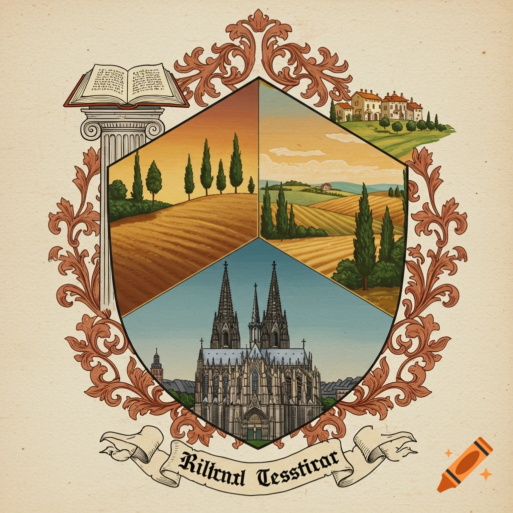A decorative coat of arms with a hexagonal shield. The top left shows an open book on a column, the top right and middle right show Tuscan-like landscapes with rolling hills and cypress trees, and the bottom shows a detailed illustration of Cologne Cathedral. The shield is surrounded by ornate reddish-brown scrollwork, and a banner at the bottom reads "Rilknl Tessticnr".
