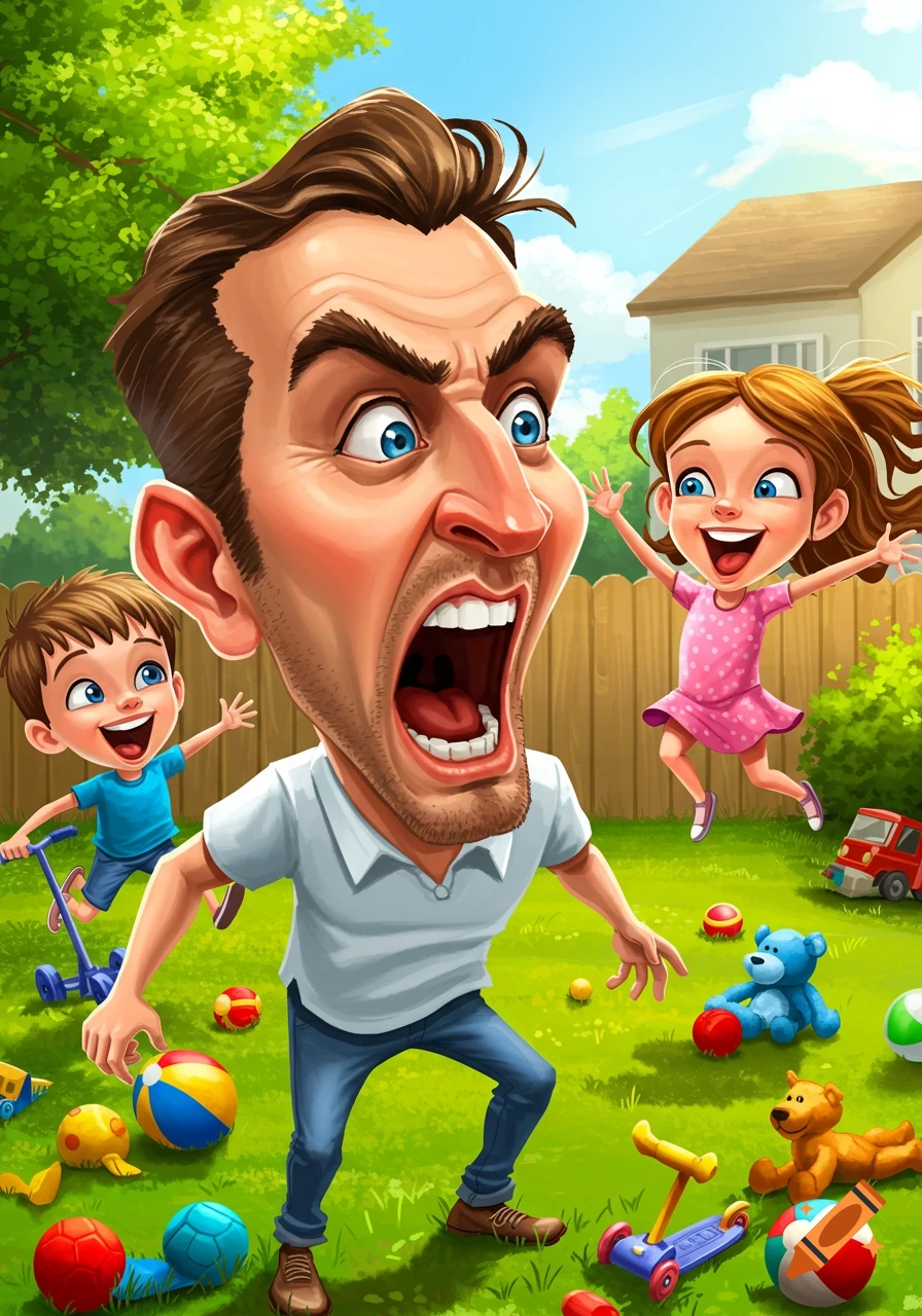 Caricature of a dad screaming, with two happy children playing with toys in a sunny backyard.