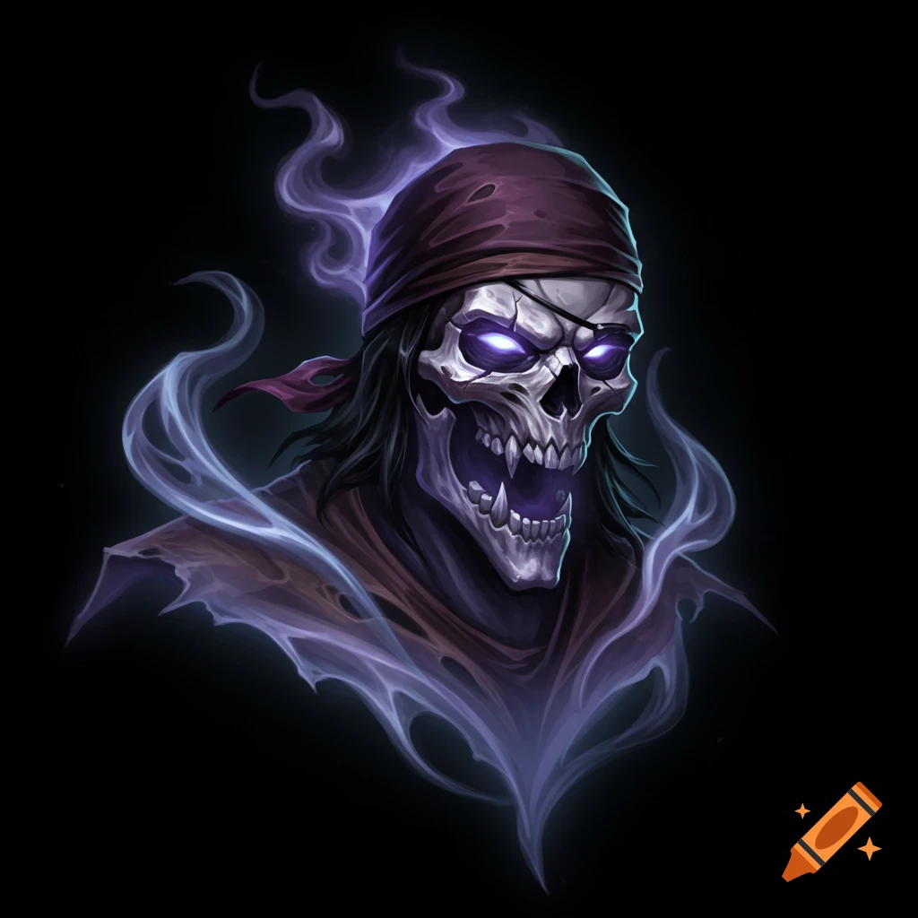 Stylized pirate ghost skull with glowing purple eyes, red bandana, and eye patch, surrounded by purple smoke on a black background.