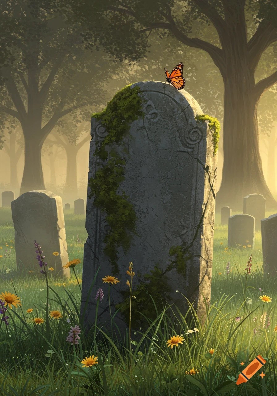 An orange butterfly rests on an old, moss-covered gravestone in a misty, sunlit cemetery filled with wildflowers and tall trees. Stylized digital art.