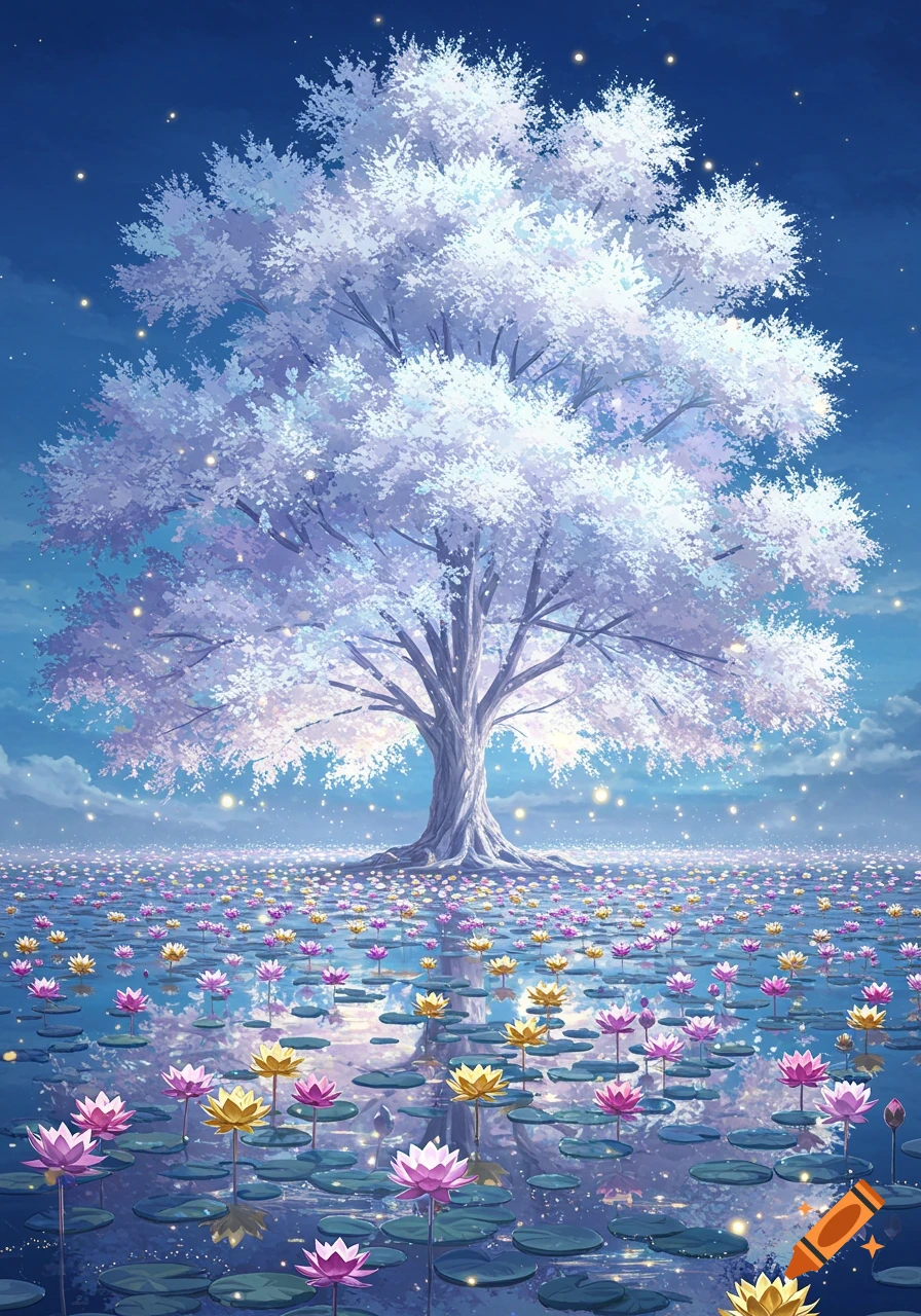 A magical white tree stands in a moonlit pond filled with glowing pink and yellow lotus flowers in a fantasy art style.