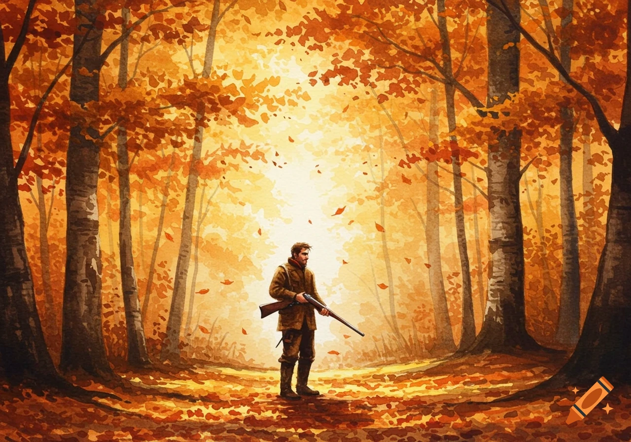 Watercolor painting of a man with a rifle standing in a vibrant autumn forest with fallen leaves.