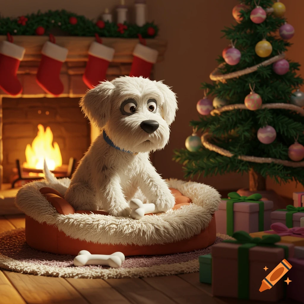 A cute, fluffy white dog in a claymation style sits in a dog bed by a warm fireplace and a decorated Christmas tree with gifts.