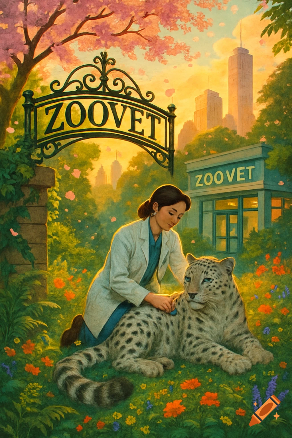 An illustration of a veterinarian tending to a snow leopard in a lush park with a "ZOOVET" sign and city skyline.