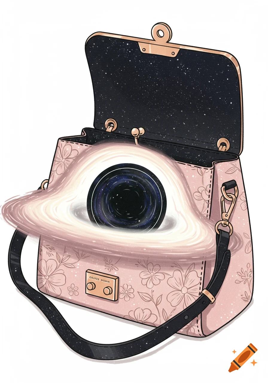An illustrated pink floral handbag with a black hole acting as its interior, surrounded by a glowing accretion disk. The lid is open to show a starry void.