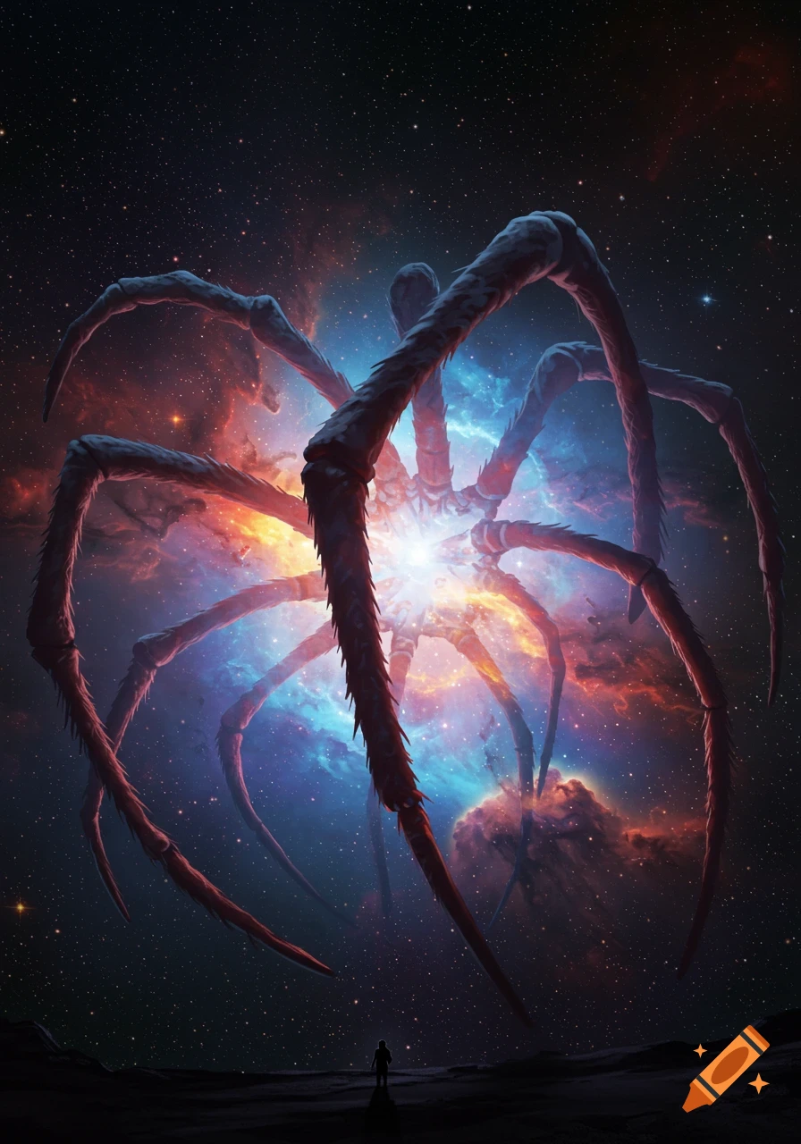A colossal, dark, multi-legged creature emerges from a vibrant blue and orange planetary nebula, towering over a tiny figure on a dark planet.