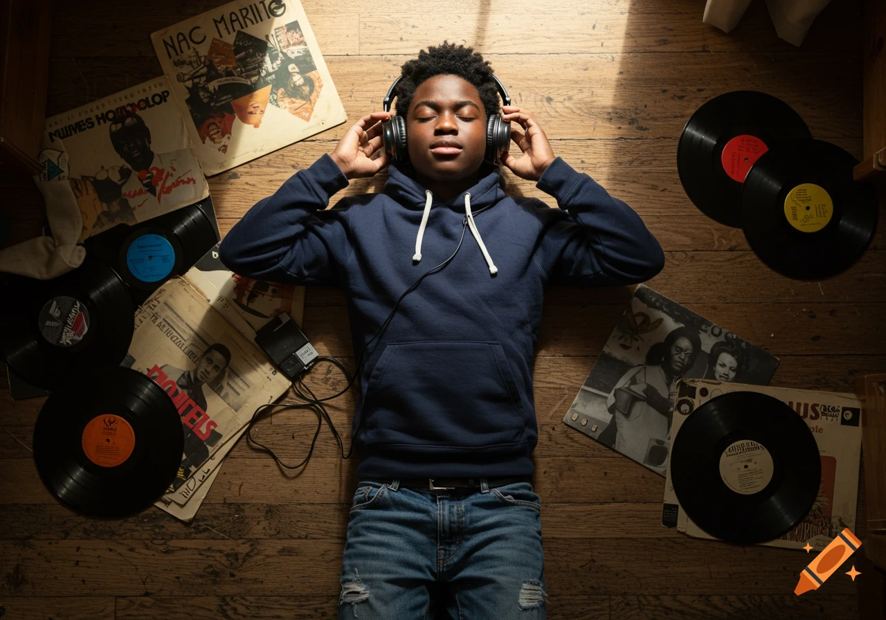 A Black adolescent lies on a wooden floor, eyes closed, wearing headphones surrounded by vinyl records, in a warm, intimate atmosphere.