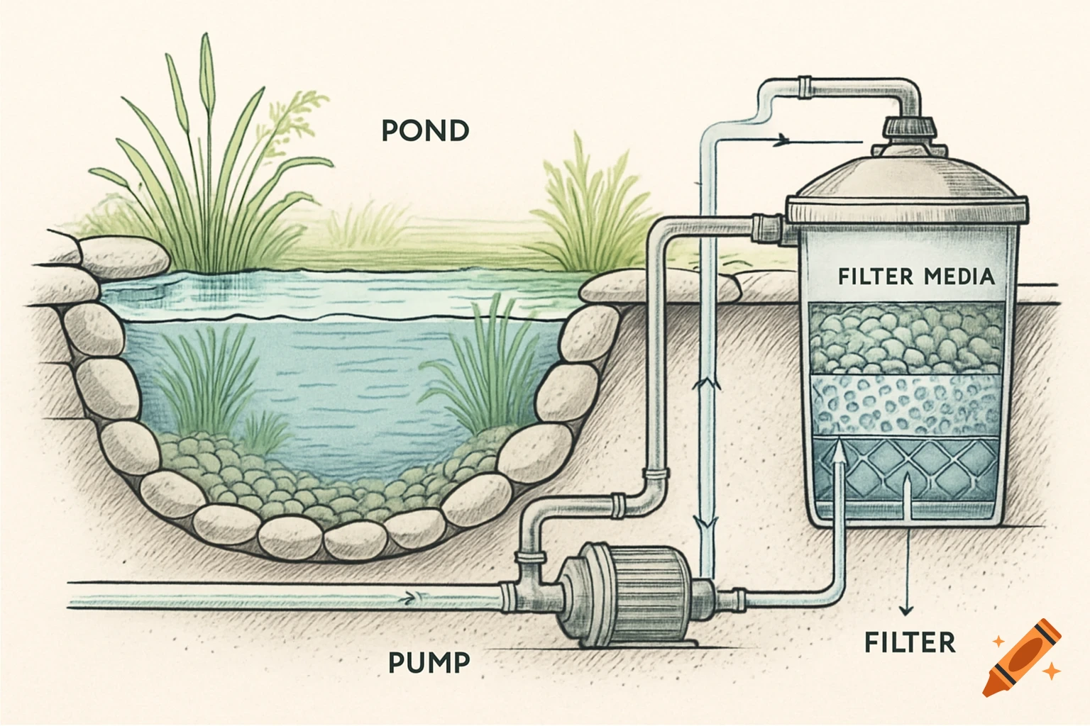 Technical drawing of a cross-section diagram showing a backyard pond with a pump and filter system.