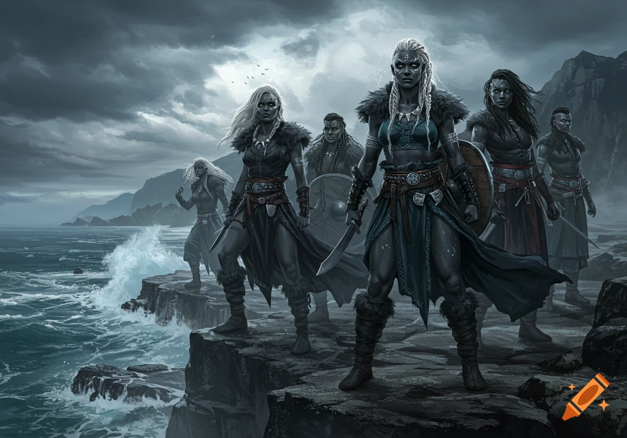A group of strong female Viking warriors with dark skin and white hair stand on a rocky cliff overlooking a stormy sea under a cloudy sky.