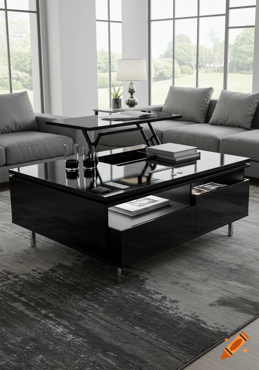 A black modern lift-top coffee table in a bright living room with a grey sectional sofa and large windows, photorealistic style.