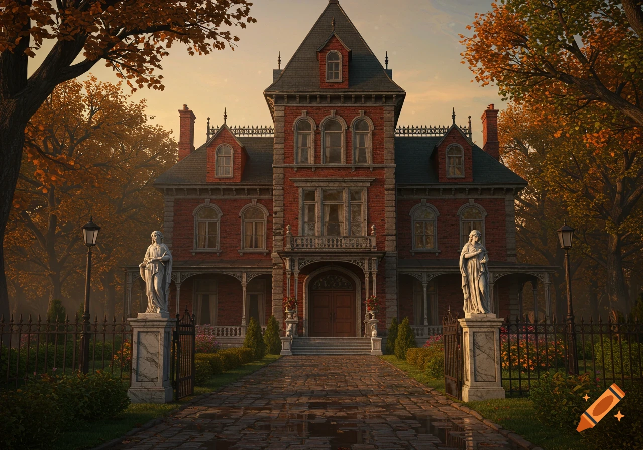 A grand red brick Victorian manor house with intricate details and a dark roof, surrounded by autumn trees and two classical statues flanking a path.