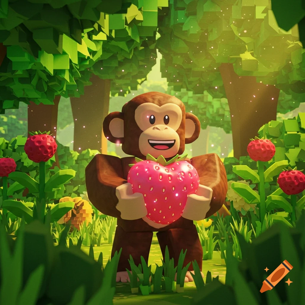 A brown Roblox-style monkey stands in a lush blocky jungle, holding a large, pink heart-shaped strawberry.