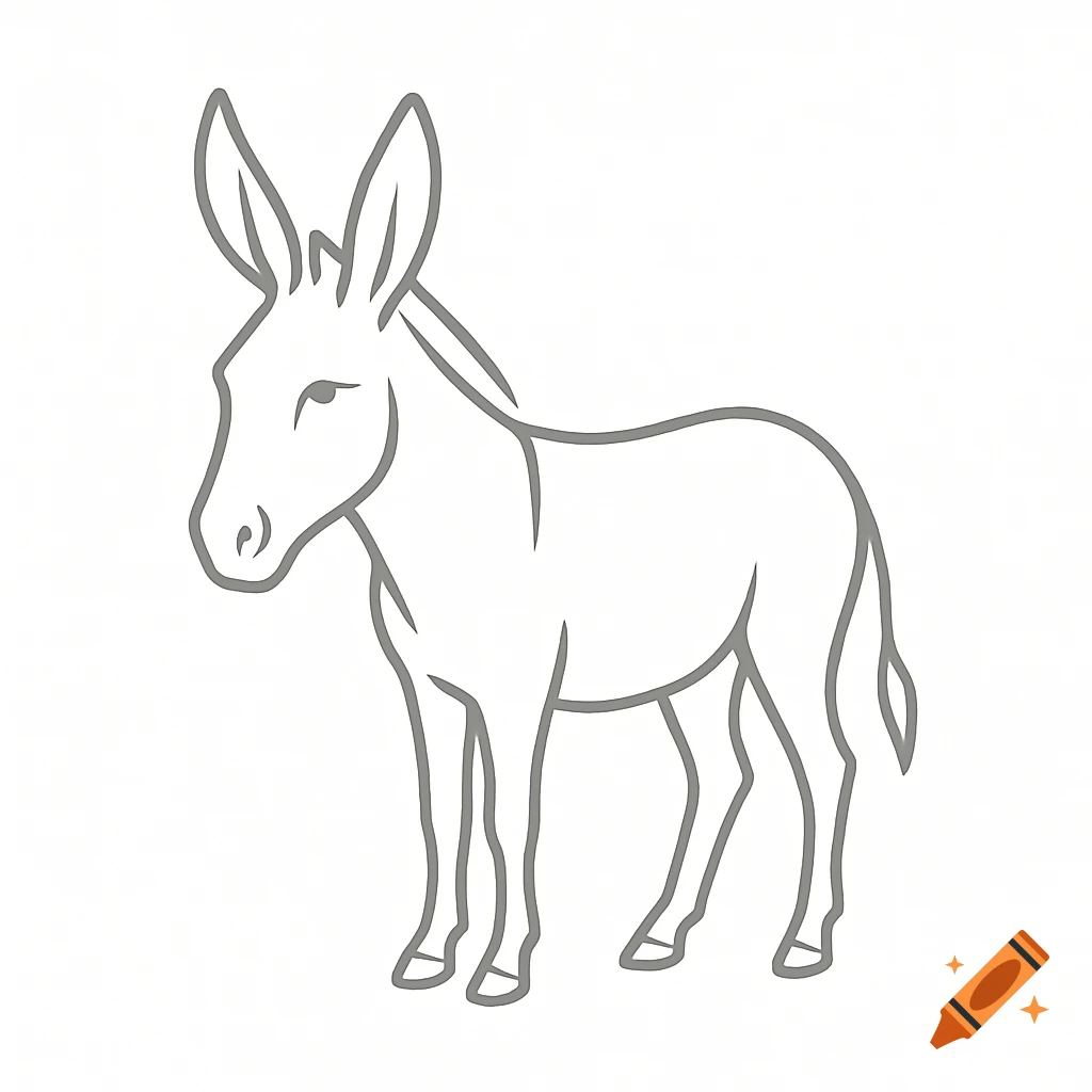 A simple gray line art illustration of a donkey on a white background, standing sideways.