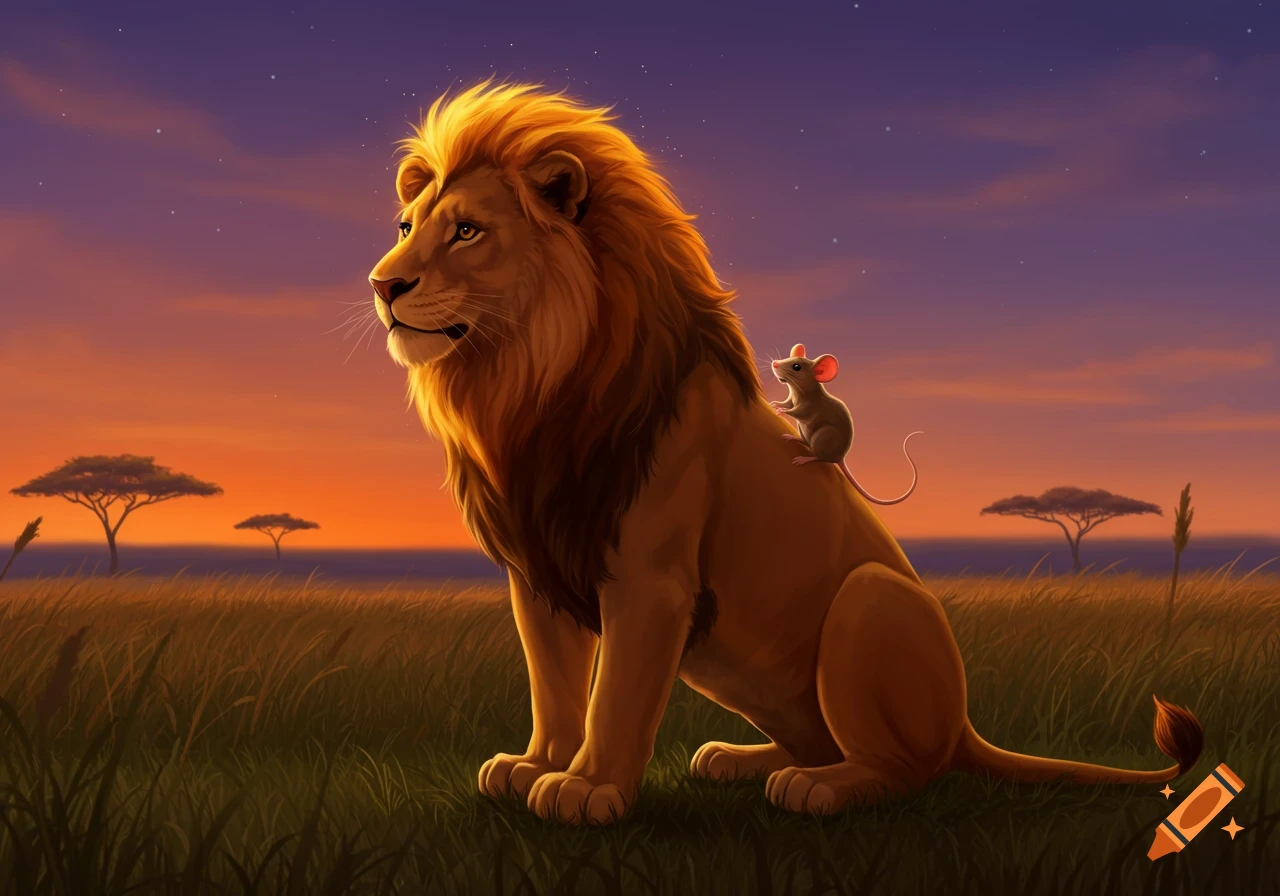 A stylized illustration of a large lion sitting in a savanna field with a small mouse on its back, under a vibrant sunset sky.