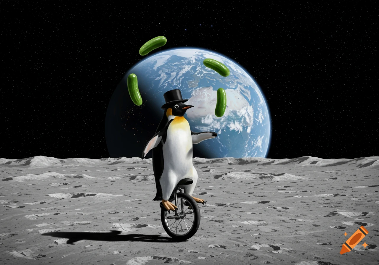 A dapper penguin in a top hat rides a unicycle on the moon, juggling three pickles, with Earth visible in the background.
