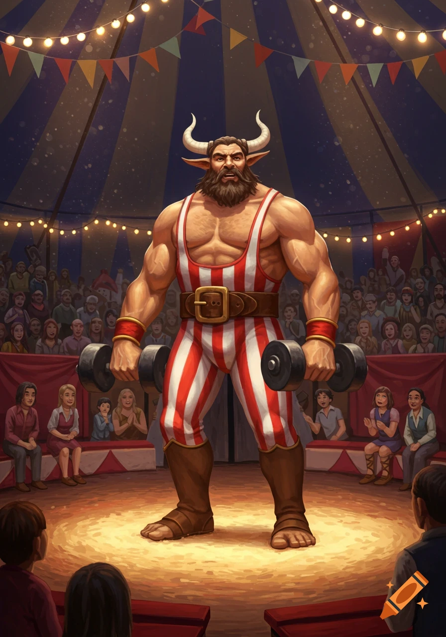 A muscular, horned strongman in a striped singlet holds dumbbells on a spotlighted circus stage before an audience, digital painting.