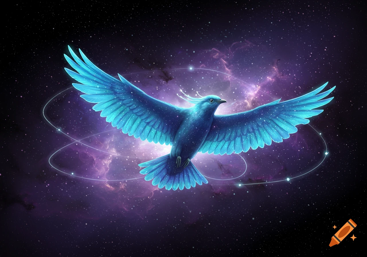 A luminous blue bird with outstretched wings against a cosmic background of purple nebulae and stars.