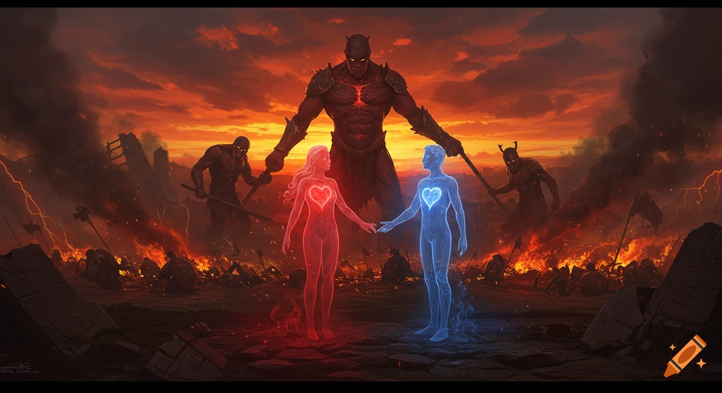 Epic illustration of two glowing ethereal lovers holding hands on a fiery battlefield with colossal titans and warring armies.