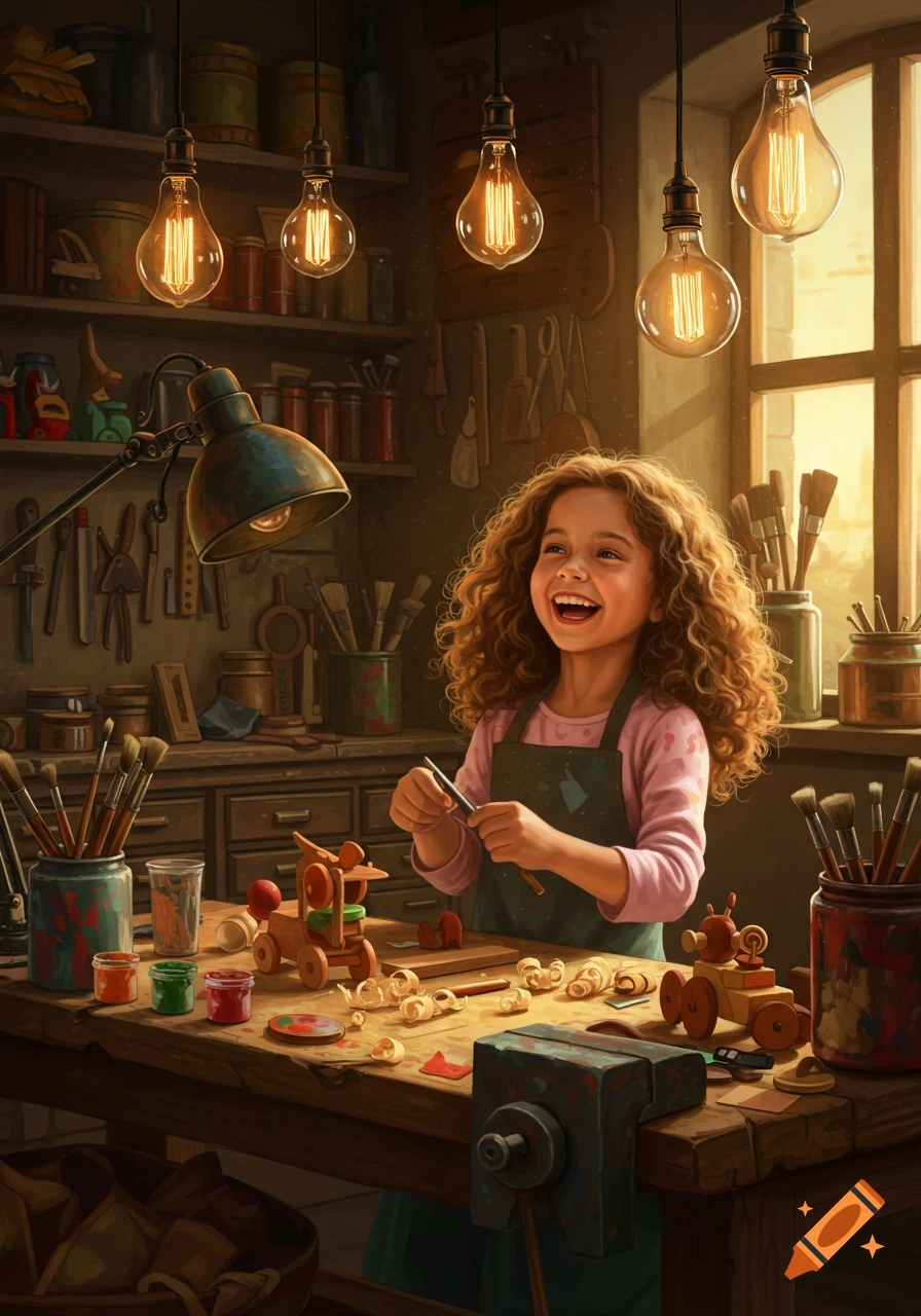 A happy young girl with curly hair smiles while carving a wooden toy in a rustic workshop with hanging lights and tools.