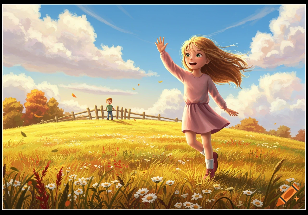 Cartoon illustration of a smiling girl with long blonde hair waving as she runs through a golden field of flowers towards a boy in the distance, under a blue sky.